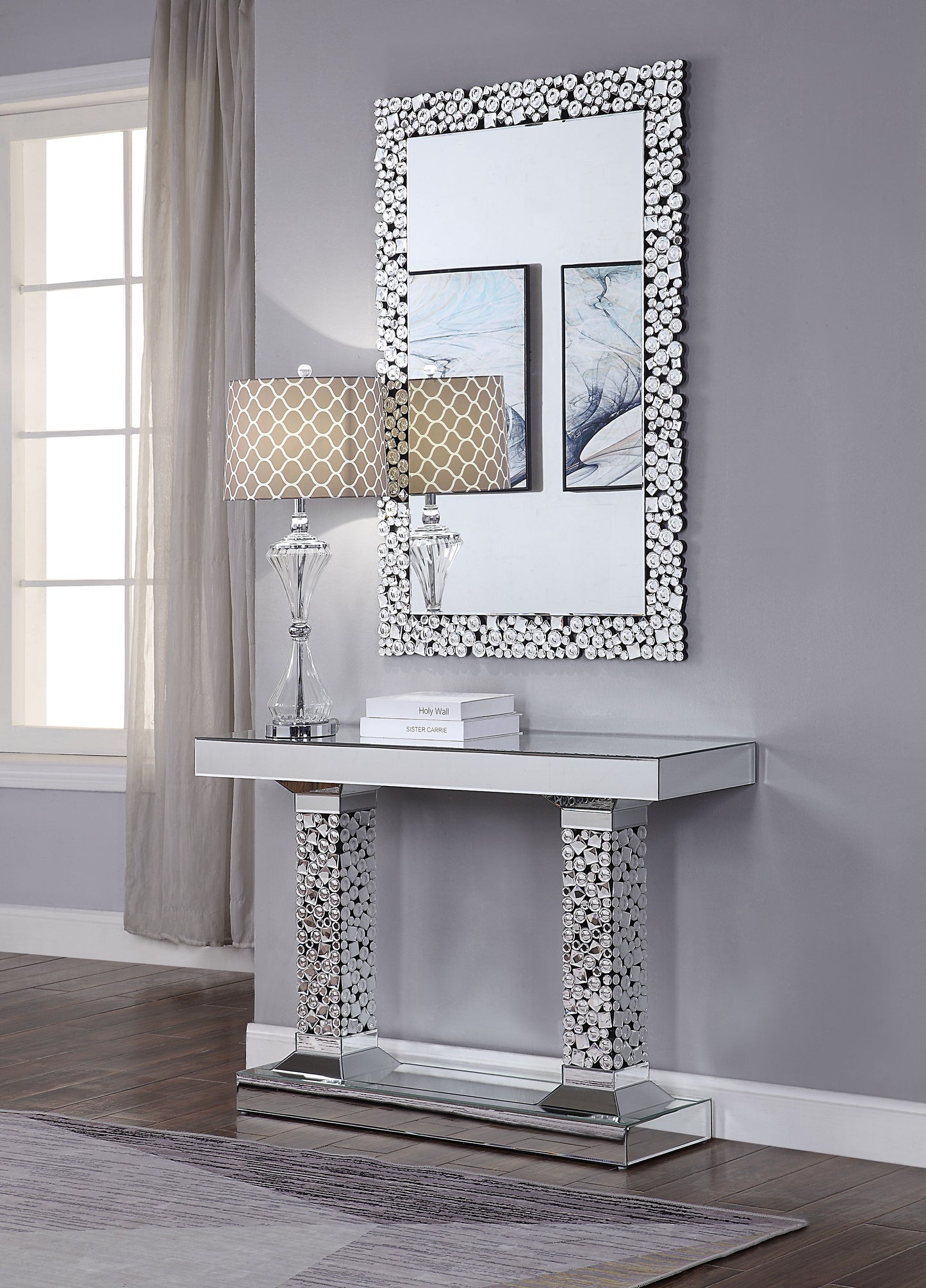 Lachina - Glam Mirrored Faux Gems Console Table - Silver