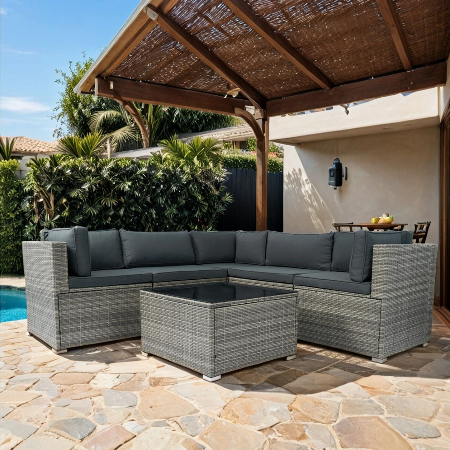 6 Pieces PE Rattan Sectional Outdoor Furniture Cushioned Sofa Set Wicker