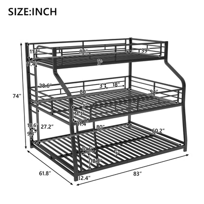 Twin Long / Full Long / Queen Triple Bunk Bed With Long And Short Ladder And Full-Length Guardrails - Black