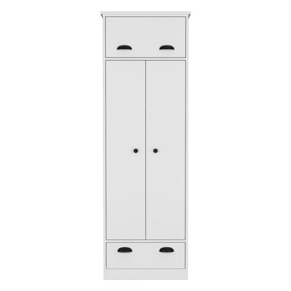 Dresser Closet With Upper Storage Covered With 1 Door, 2 Central Shelves, 1 Tube For Hanging Clothes Covered By 2 Doors, 1 Drawer At The Bottom - White