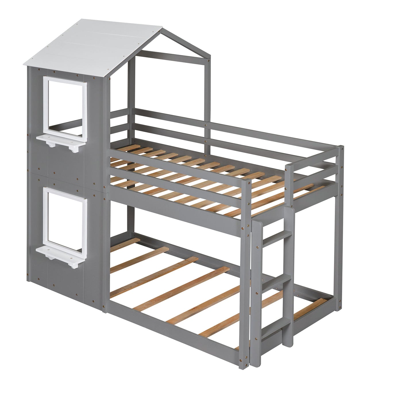 Twin Over Twin Bunk Bed Wood Bed & Roof, Window, Guardrail, Ladder