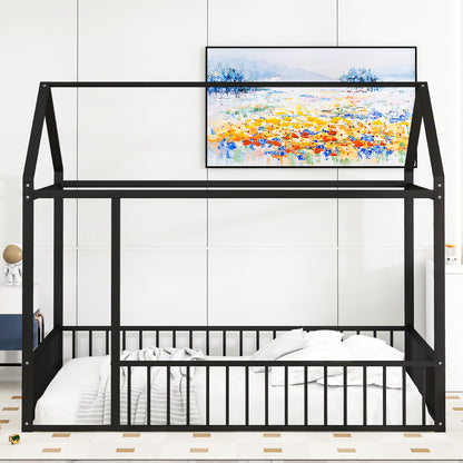 Metal Bed House Bed Frame With Fence, For Kids, Teens, Girls, Boys