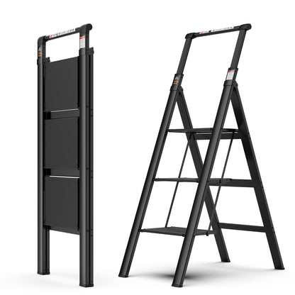 3 Step Ladder, Retractable Handgrip Folding Step Stool With Anti-Slip Wide Pedal, Aluminum Stool Ladders 3 Steps, 300 Lbs Safety Household Ladder - Black