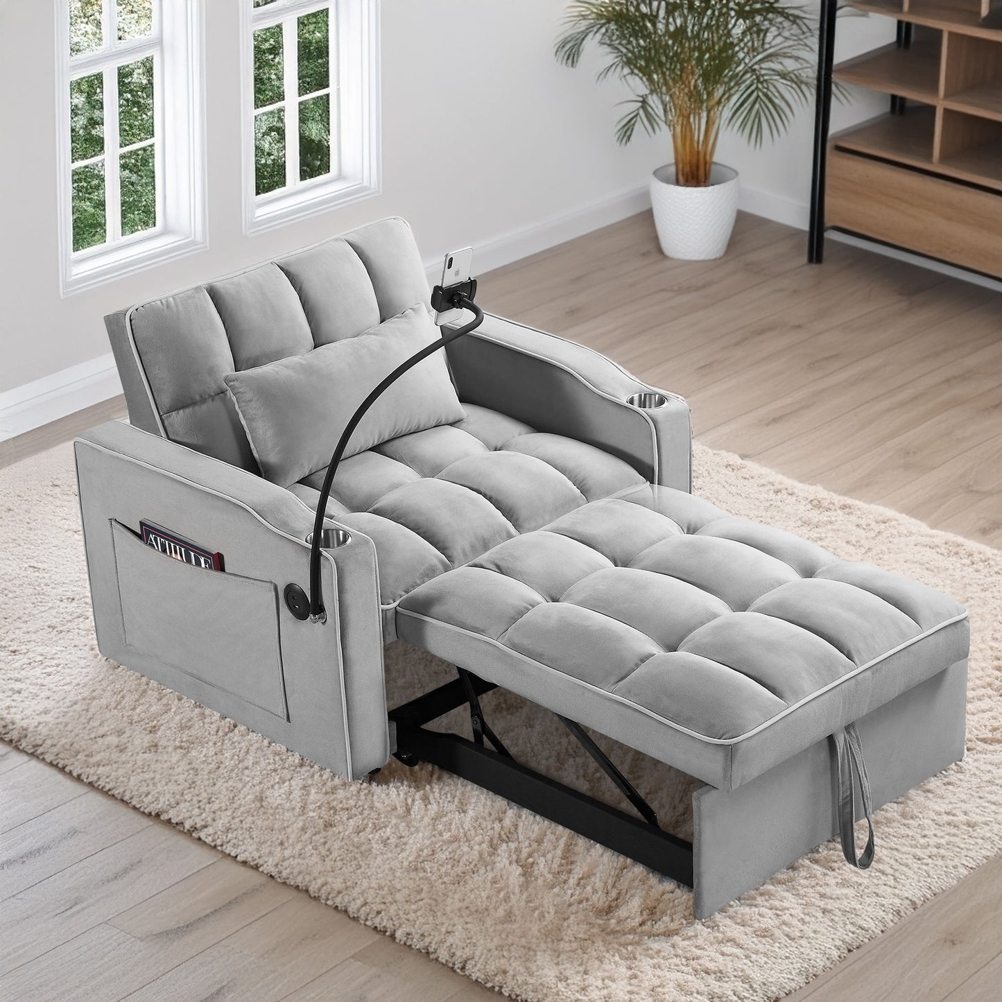 Convertible Sleeper Chair Sofa Bed Adjustable Pull Out Sleeper Chair Bed Multi-Pockets Folding Sofa Bed For Living Room Bedroom Small Space, 3 In 1 Sofa Bed