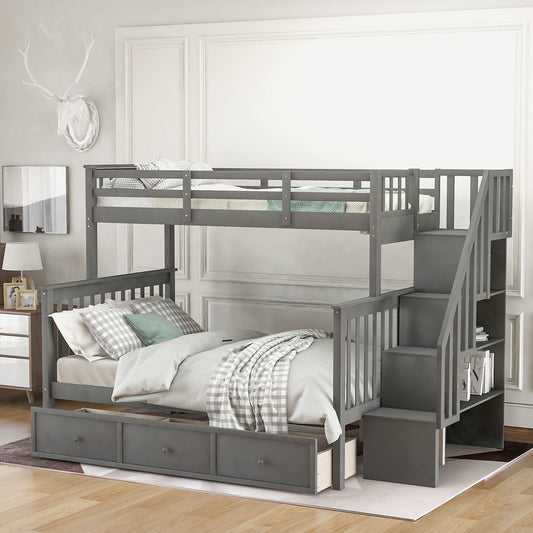 Twin Over Full Stairway Bunk Bed With Drawer, Storage And Guard Rail For Bedroom, Dorm, For Adults