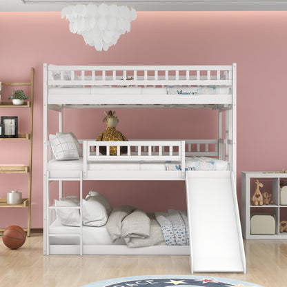 Full Over Full Over Full Triple Bed With Built-In Ladder And Slide, Triple Bunk Bed With Guardrails - White