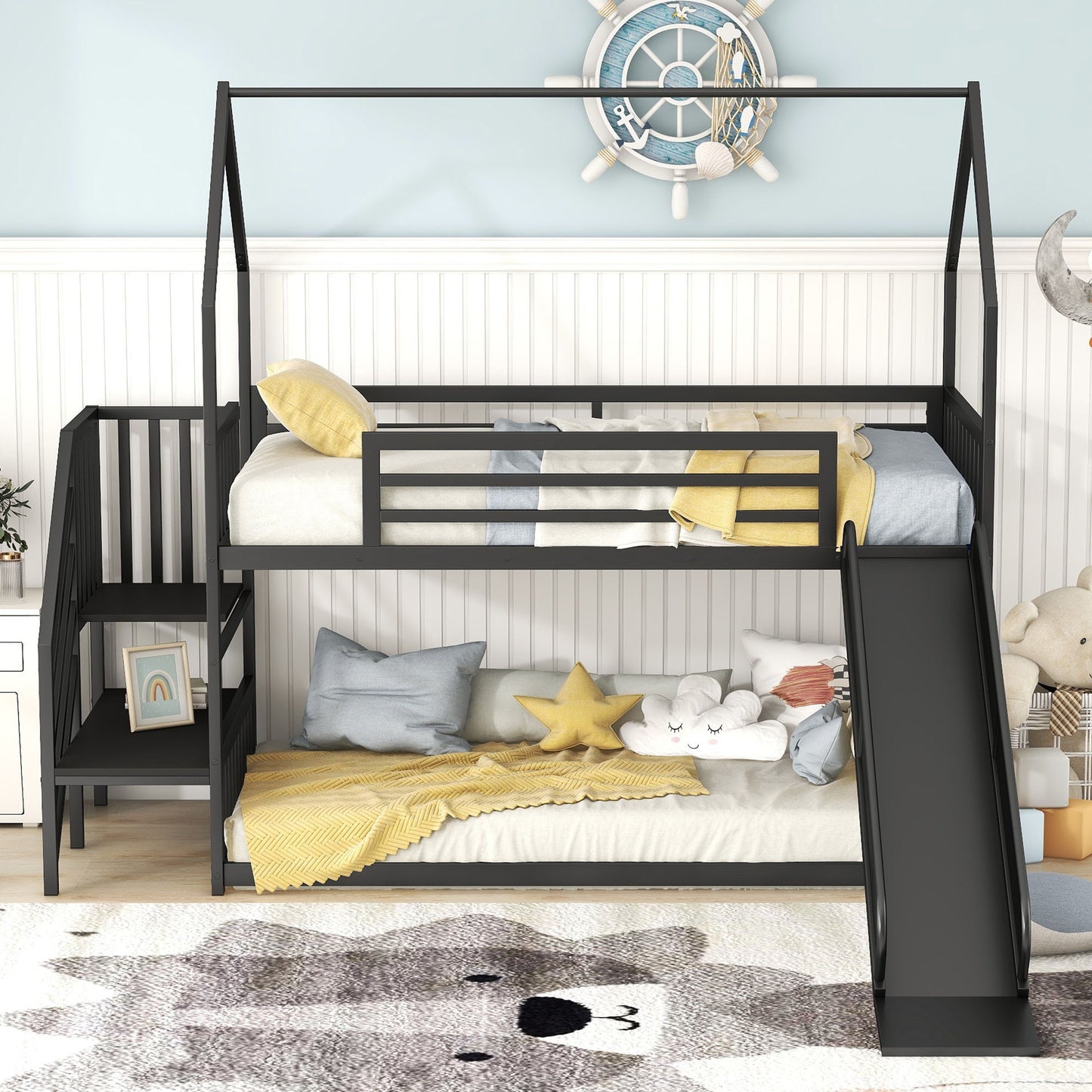 Twin Over Twin Metal Bunk Bed House Bed With Slide And Staircase