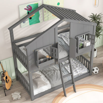 House Bunk Bed With Roof, Window, Window Box, Door, With Safety Guardrails And Ladder