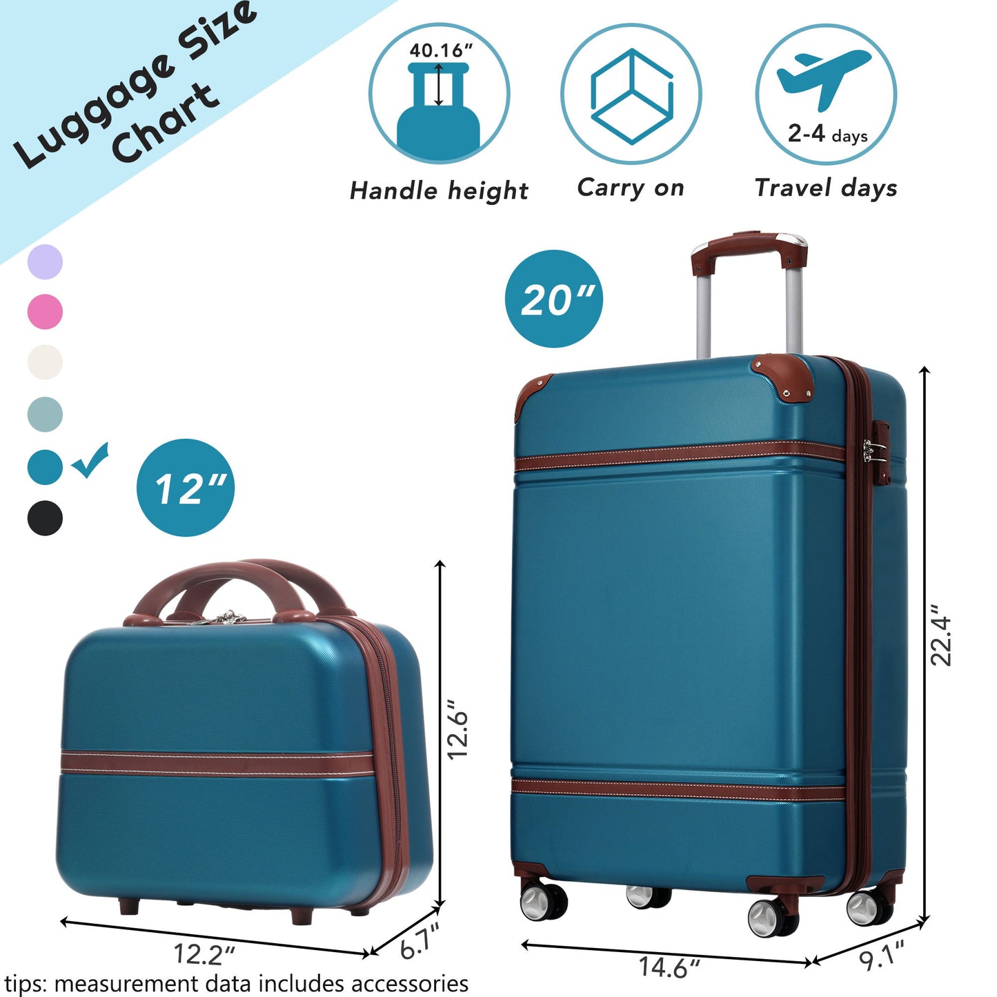 20" Hardside Luggage With Cosmetic Case, 2 Piece Lightweight Suitcase Set With Spinner Wheels, Carry On Vintage Luggage