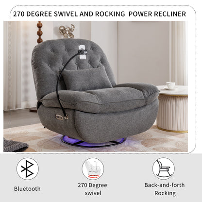 270° Swivel Power Recliner With Voice Control - Bluetooth Music Player, USB Ports, Atmosphere Lamp, Hidden Arm Storage And Mobile Phone Holder For Living Room, Bedroom, Apartment