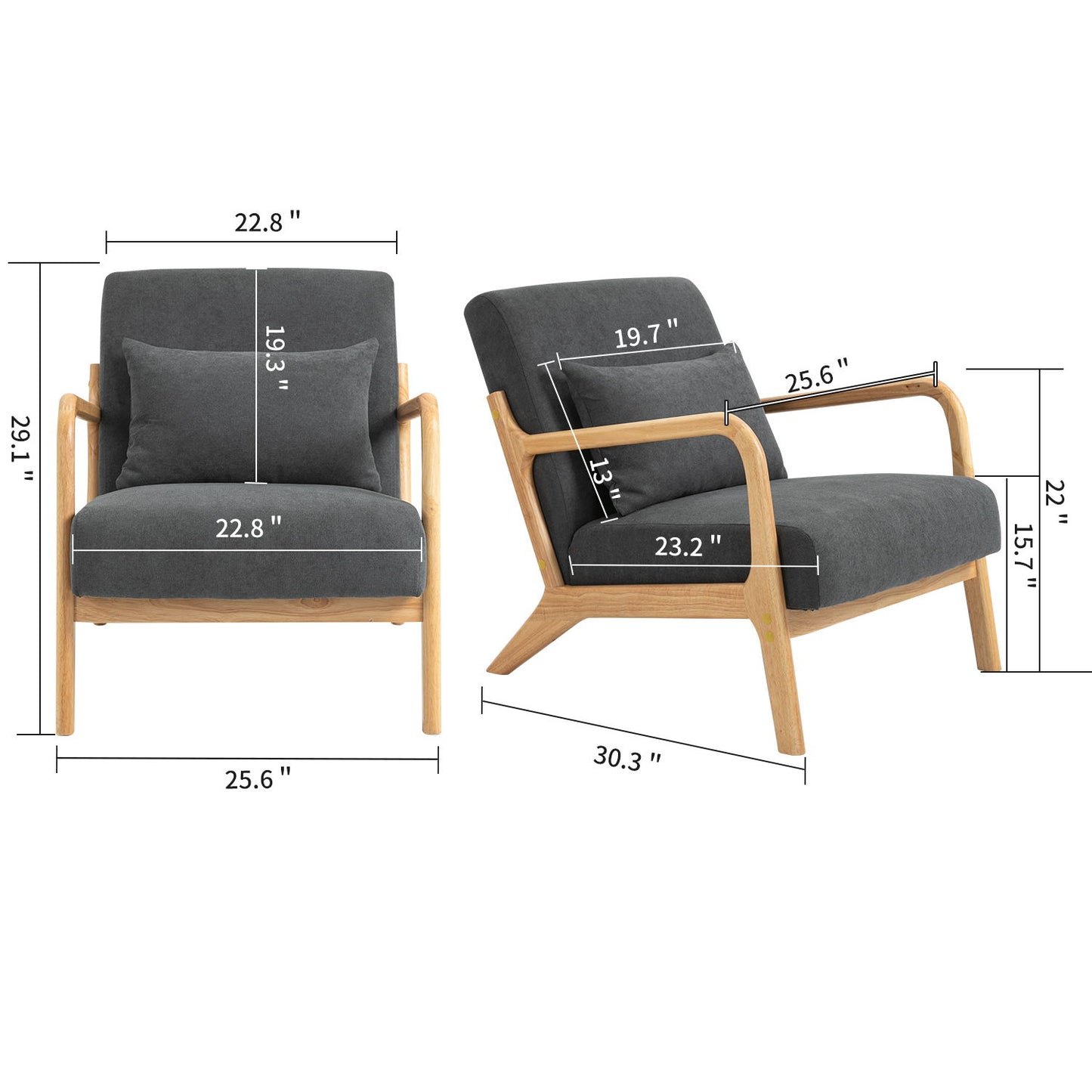 Mid-Century Modern Accent Chair With Wood Frame, Upholstered Living Room Chairs With Waist Cushion, Reading Armchair For Bedroom Sunroom