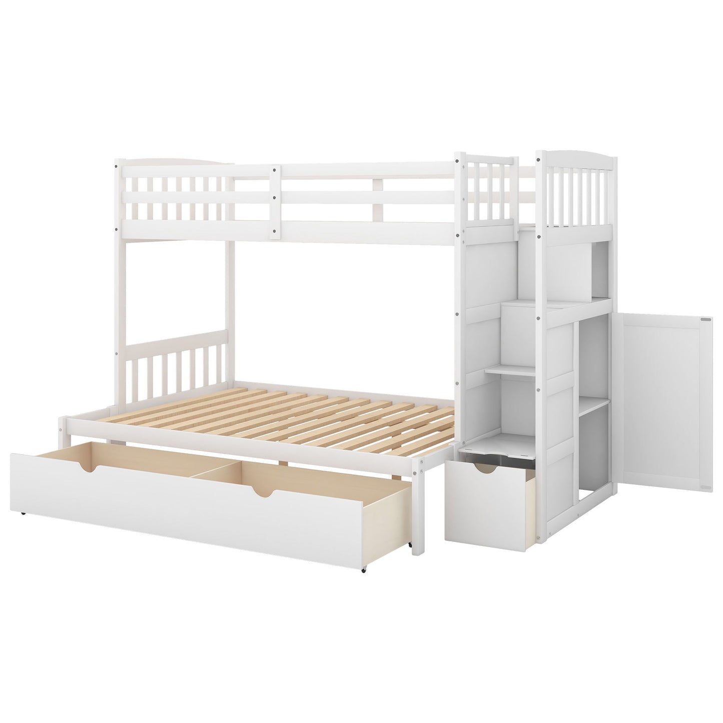 Bunk Bed, Convertible Bottom Bed, Storage Shelves And Drawers