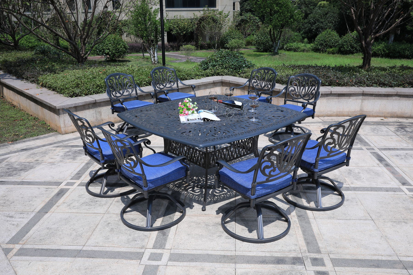 Square 8 Person 64" Long Aluminum Dining Set With Cushions