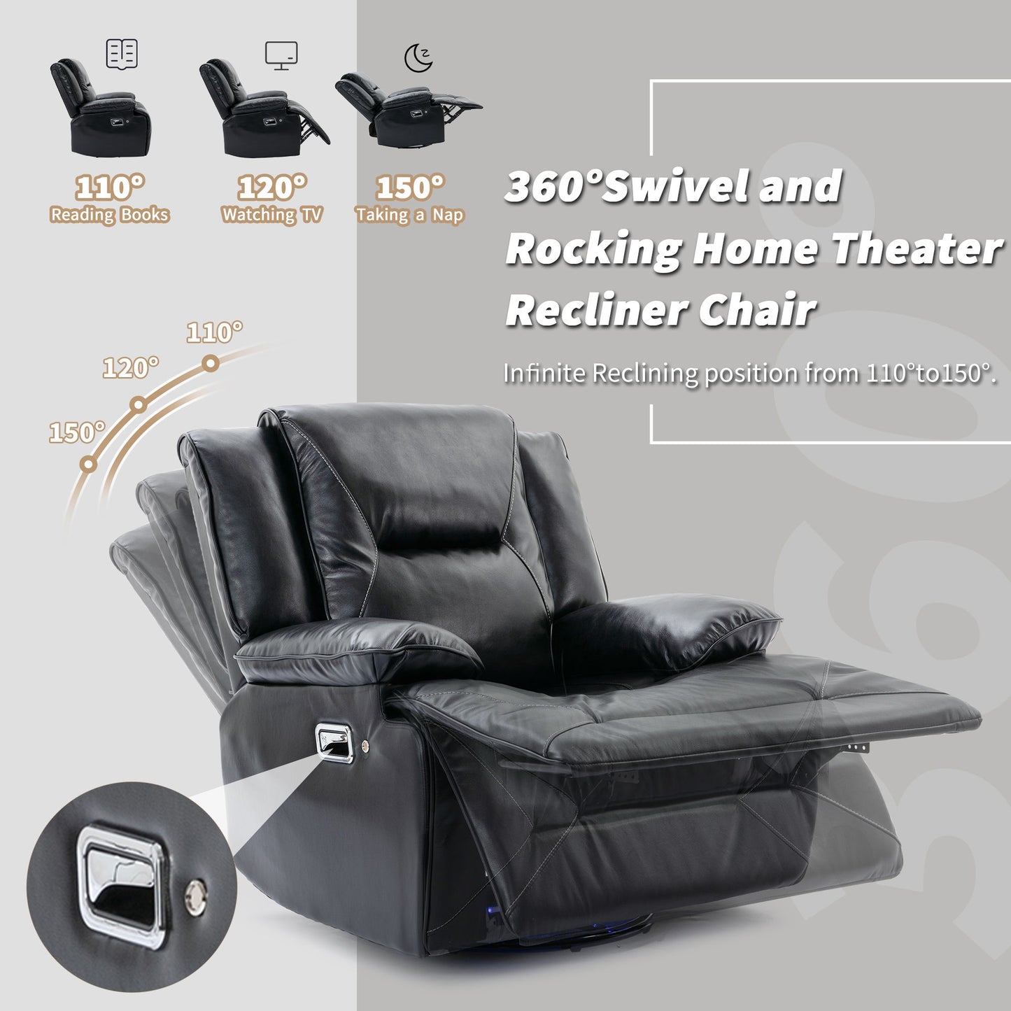 360° Swivel And Rocking Home Theater Recliner Manual Recliner Chair With A Led Light Strip For Living Room