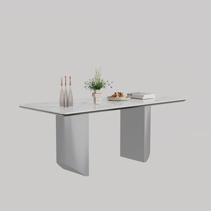 Sintered Stone Composite Tempered Glass Top Dining Table With Stainless Steel Base