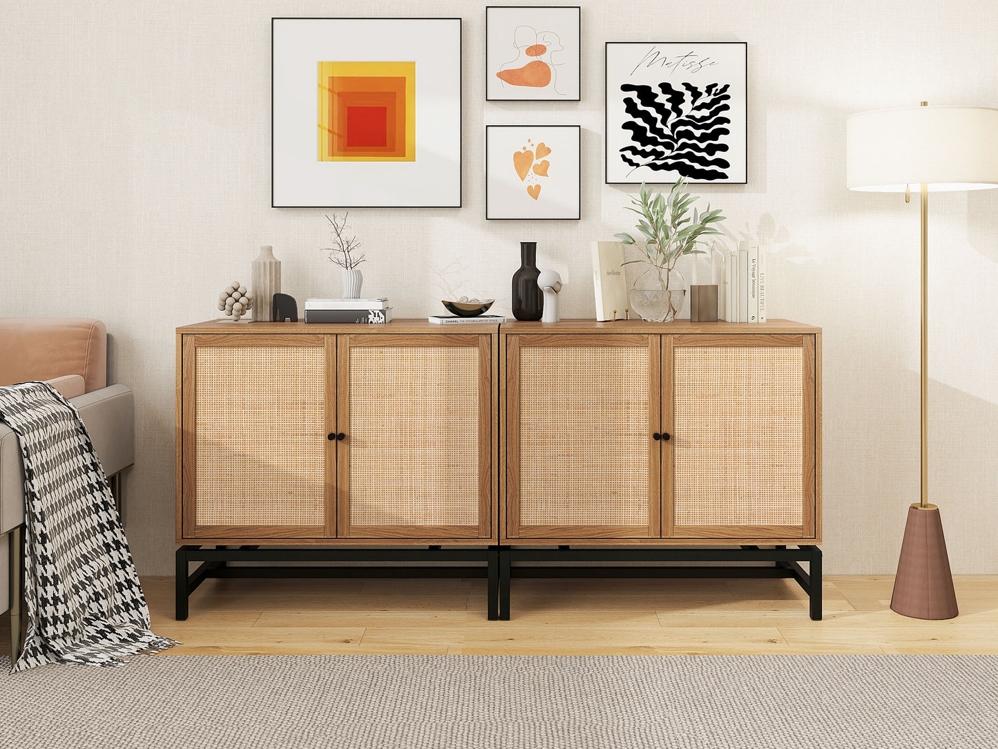 2 Door Cabinet, With 1 Adjustable Inner Shelves, Rattan, Accent Storage Cabinet (Set of 2) - Walnut