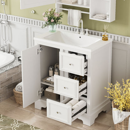 Bathroom Vanity Cabinet With Ceramic Basin, 3 Drawers And Adjustable Shelves