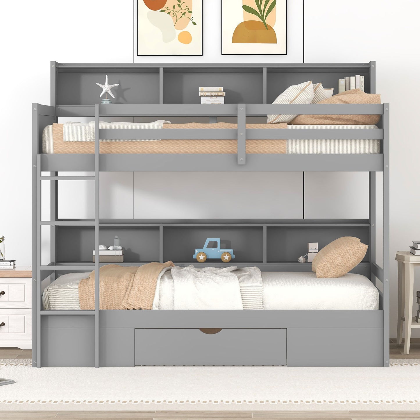 Twin Size Bunk Bed With Built-In Shelves Beside Both Upper And Down Bed And Storage Drawer