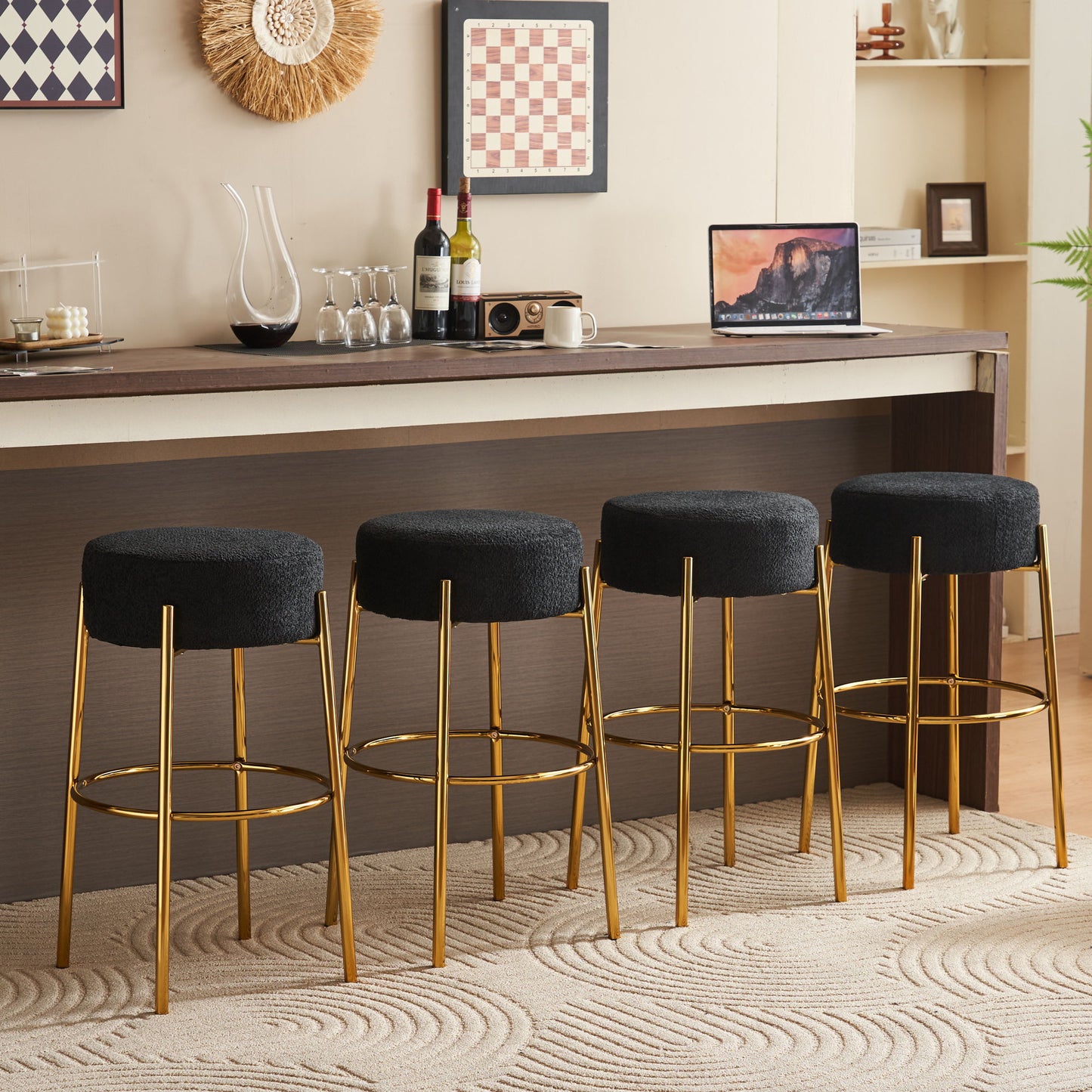 Round High Bar Stools (Set of 2), Contemporary Upholstered Dining Stools For Kitchens, Coffee Shops And Bar Stores - Gold Legs