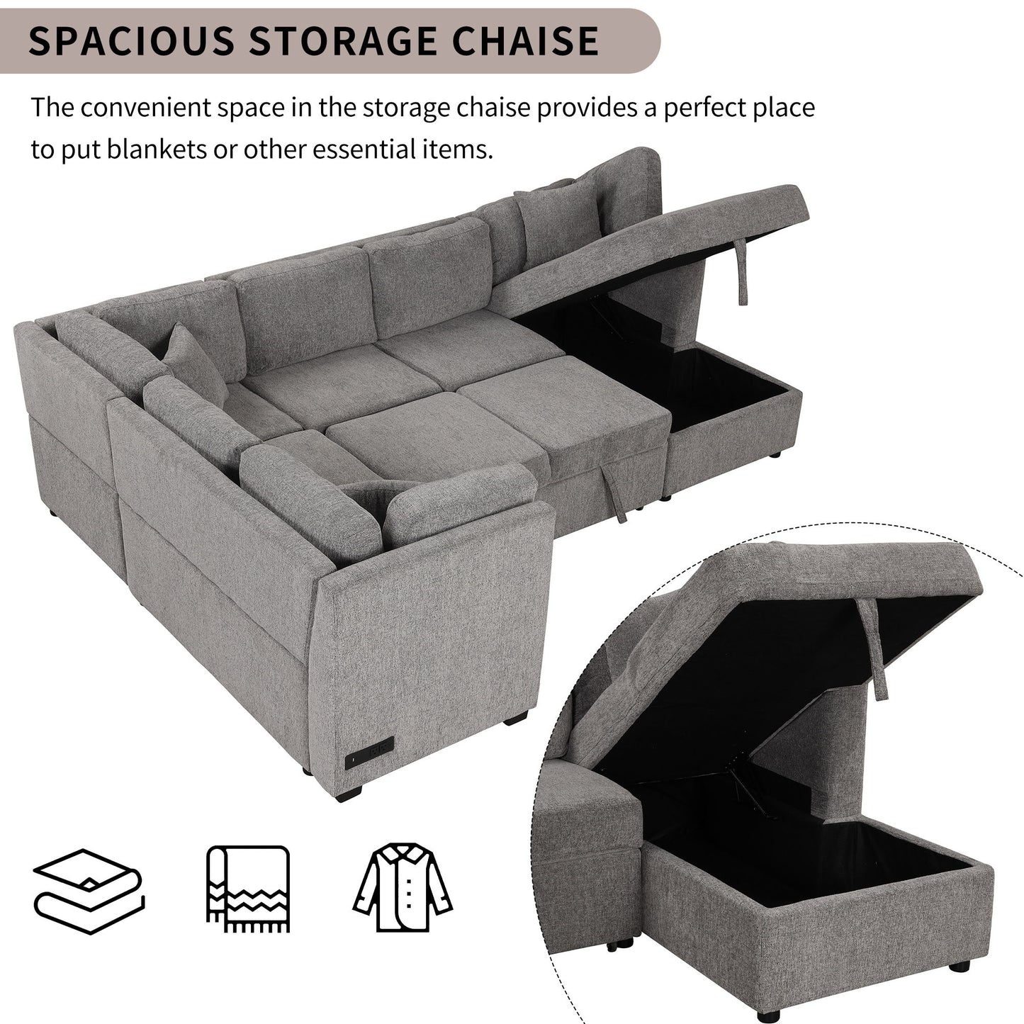 U-Shaped Sectional Sofa Pull Out Sofa Bed With Two USB Ports, Two Power Sockets, Three Back Pillows And A Storage Chaise For Living Room