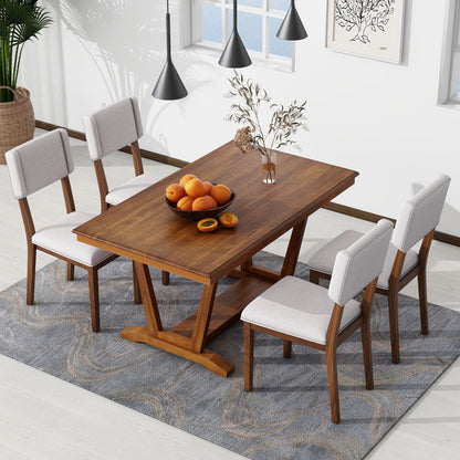 Topmax - 5 Piece Rustic Dining Table Set With 4 Upholstered Chairs, Rectangular Dining Table With Trestle Table Base