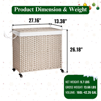 Laundry Hamper With Lid PE Rattan Powder Coating Frame Clothes Hampers With 2 Removable Bags