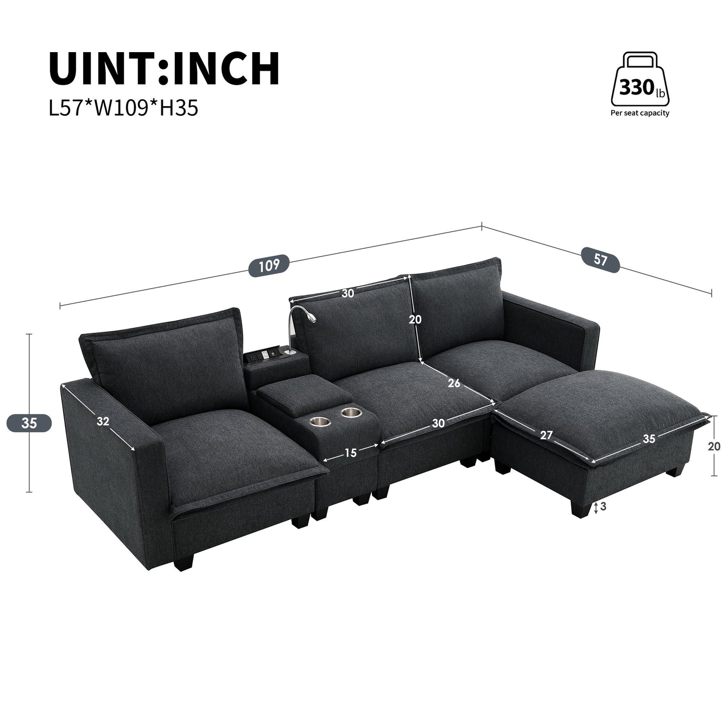 Modern Sectional Cloud Sofa With Console, USB Charging Port, Reading Light, Cup Holder, 4 Seat Chenille Modular Couch, Storable Indoor Funiture For Living Room, Apartment