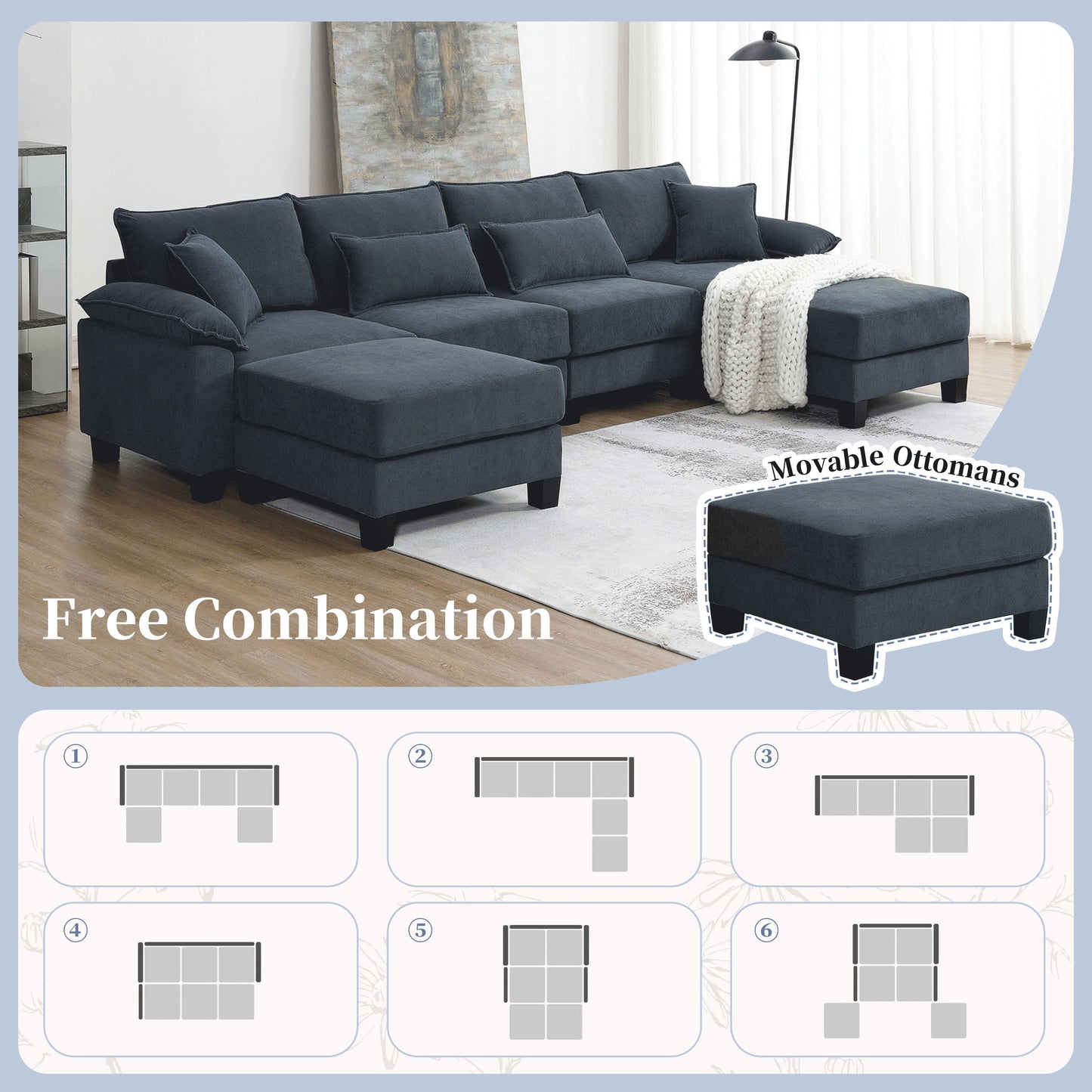 Corduroy Modular Sectional Sofa, U Shaped Couch With Armrest Bags, 6 Seat Freely Combinable Sofa Bed, Comfortable And Spacious Indoor Furniture For Living Room