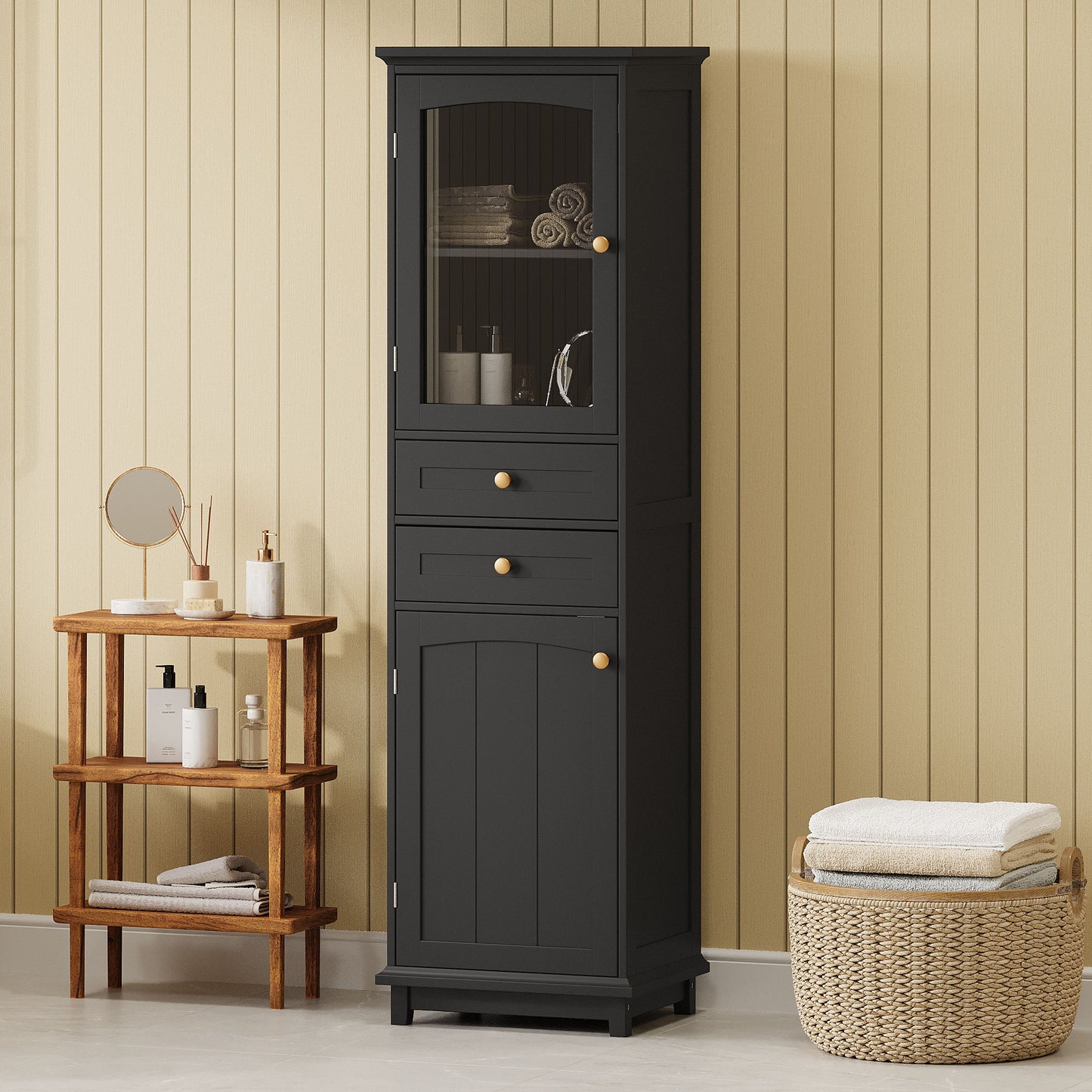 Tall Bathroom Storage Cabinet With Glass Doors, Free-Standing, Two Drawers, And Adjustable Shelves, MDF Board, Painted Perfect For Displaying Your Favorite Items